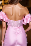 Pink Off The Shoulder Corset Beaded Short Prom Dress
