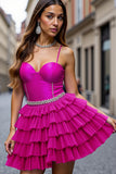 Fuchsia Beaded A Line Tiered Short Prom Dress