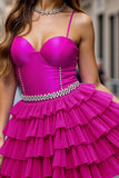 Fuchsia Beaded A Line Tiered Short Prom Dress