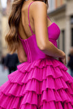 Fuchsia Beaded A Line Tiered Short Prom Dress