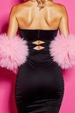 Black Strapless Bodycon Mini Cocktail Dress with Feathers