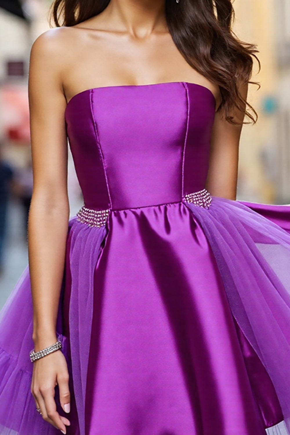 A Line Dark Purple Tulle Beaded Short Prom Dress