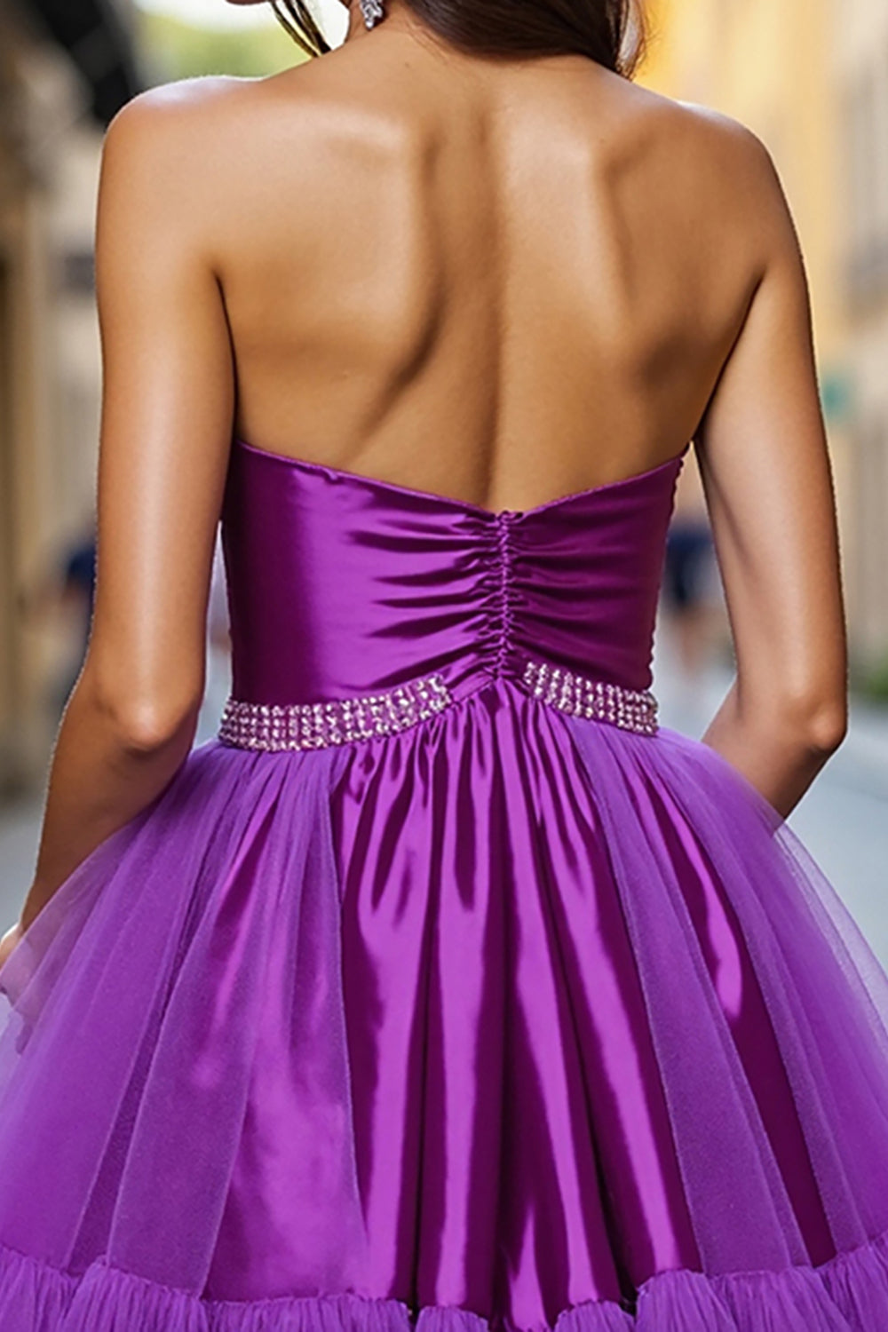 A Line Dark Purple Tulle Beaded Short Prom Dress