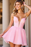 A Line Pink Corset Spaghetti Straps Short Prom Dress