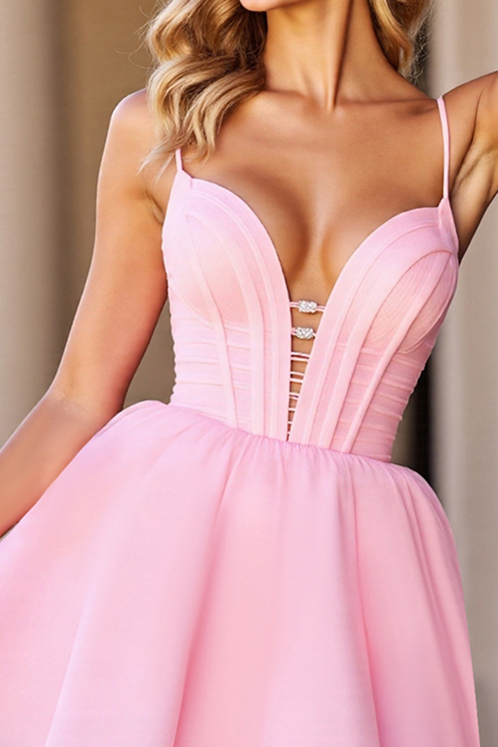 A Line Pink Corset Spaghetti Straps Short Prom Dress