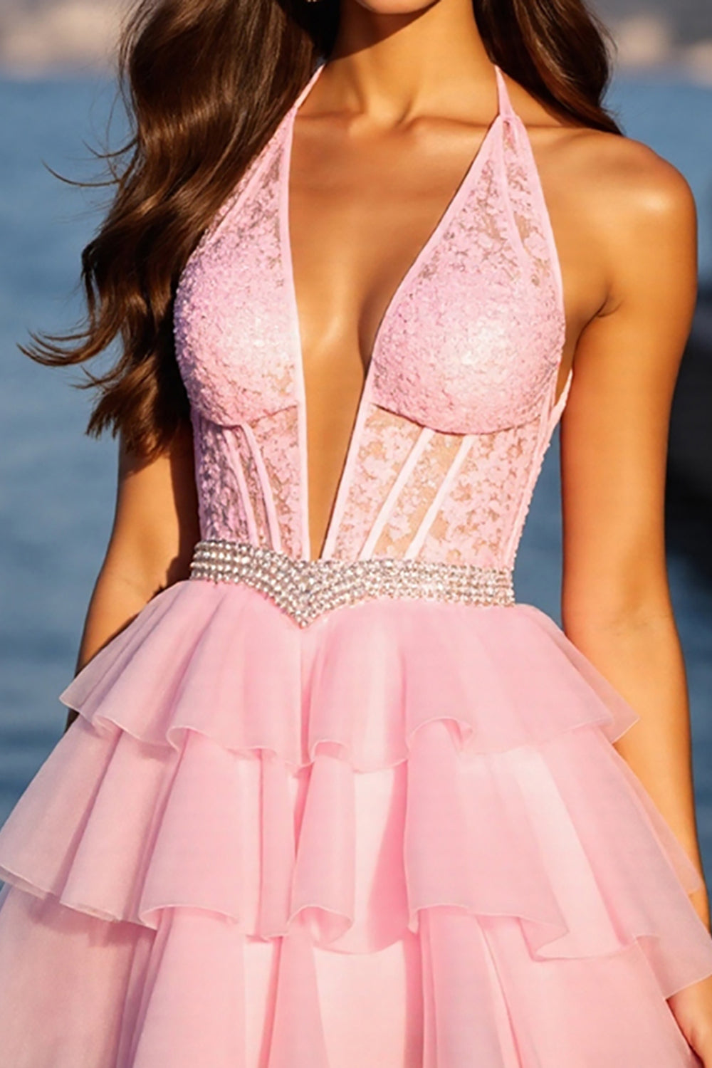 Halter Pink Appliqued A Line Short Prom Dress