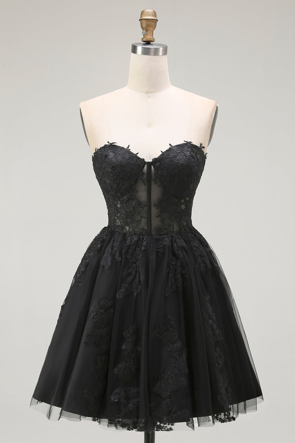 Black A Line Sweetheart Appliqued Sheer Corset Short Prom Dress