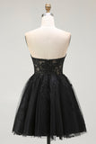 Black A Line Sweetheart Appliqued Sheer Corset Short Prom Dress