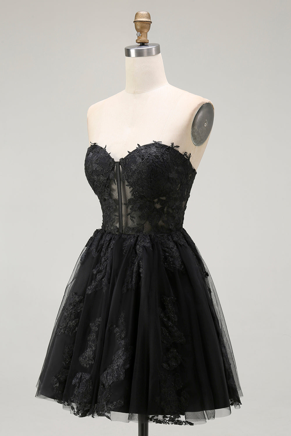 Black A Line Sweetheart Appliqued Sheer Corset Short Prom Dress