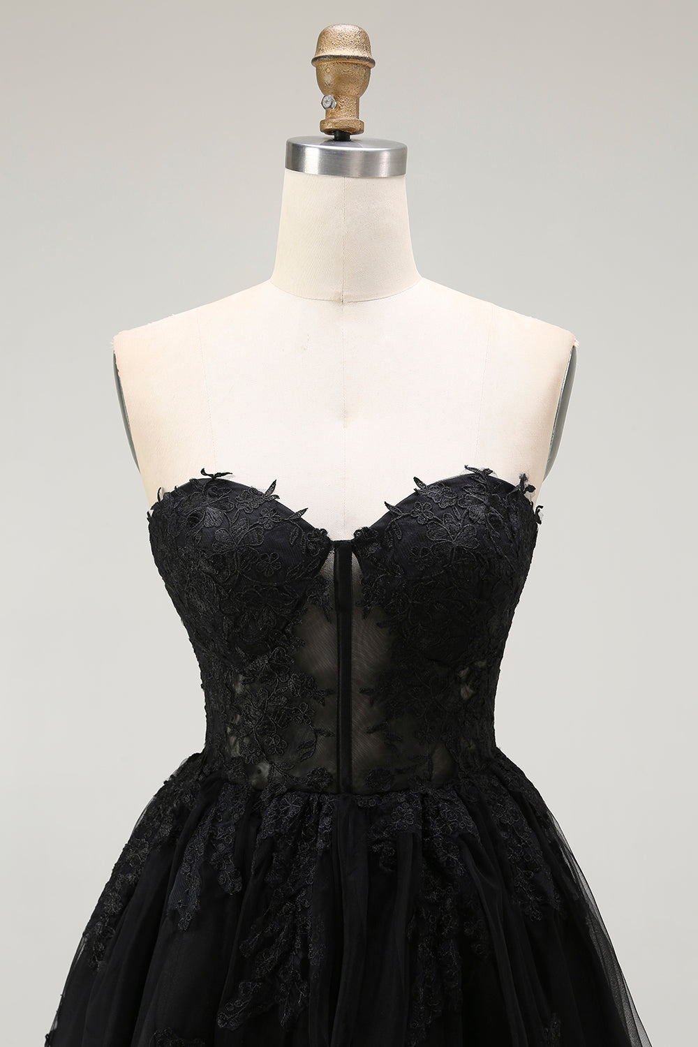 Black A Line Sweetheart Appliqued Sheer Corset Short Prom Dress