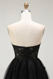 Black A Line Sweetheart Appliqued Sheer Corset Short Prom Dress