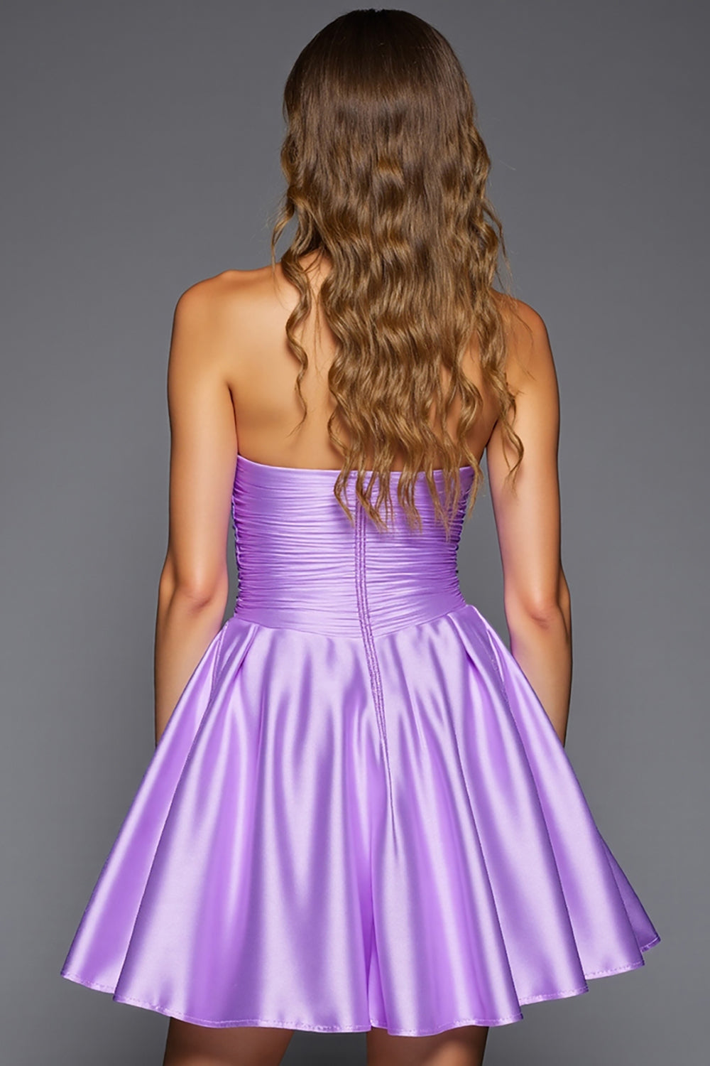 Purple A Line Ruffled Strapless Short Prom Dress with 3D Flowers