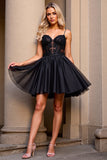 A Line Black Appliqued Mini Cocktail Dress