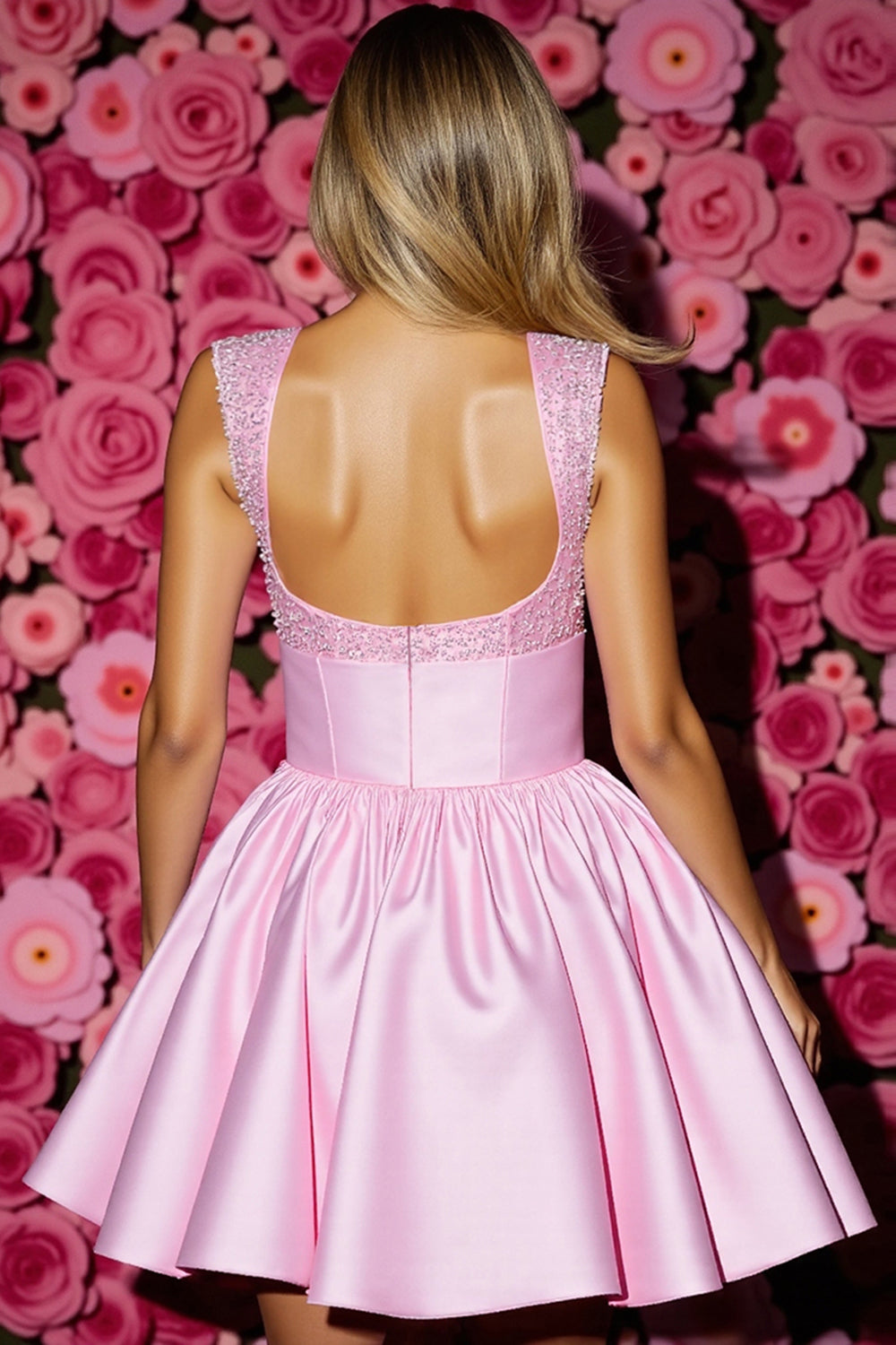 Sparkly A Line Pink Beaded Short Prom Dress With Bow