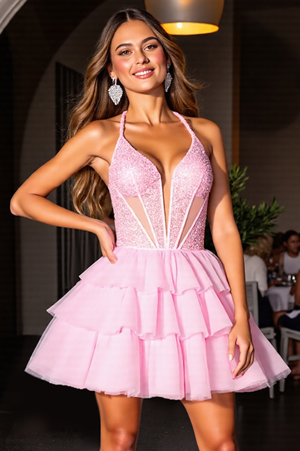 Pink Halter Tiered A Line Short Prom Dress With Sequins