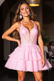 Pink Halter Tiered A Line Short Prom Dress With Sequins