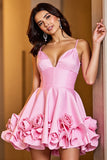 Pink Ruffled A Line V Neck Short Prom Dress With 3D Flowers