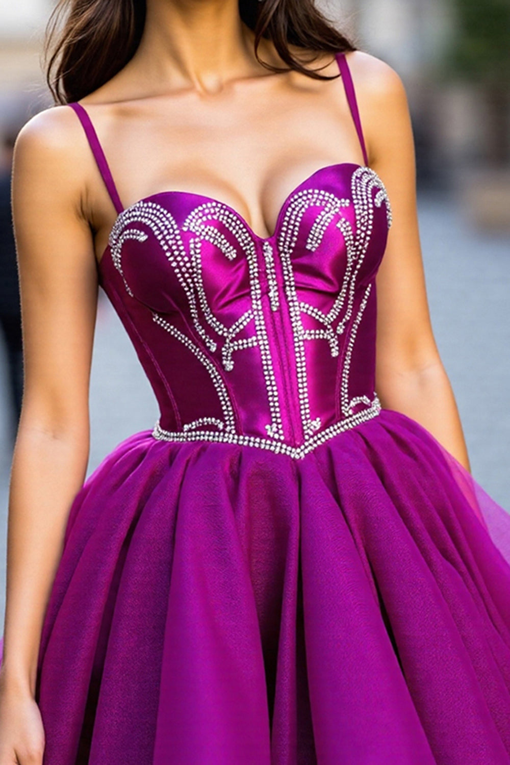 Dark Purple Beaded Spaghetti Straps Mini Party Dress