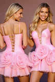 Pink A Line Ruched Short Prom Dress with 3D Flowers