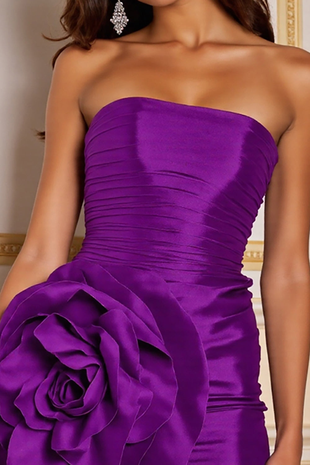 Strapless Ruched Dark Purple Short Prom Dress with 3D Flowers