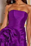 Strapless Ruched Dark Purple Short Prom Dress with 3D Flowers