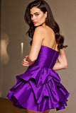 Strapless Ruffled Dark Purple Short Prom Dress with 3D Flowers