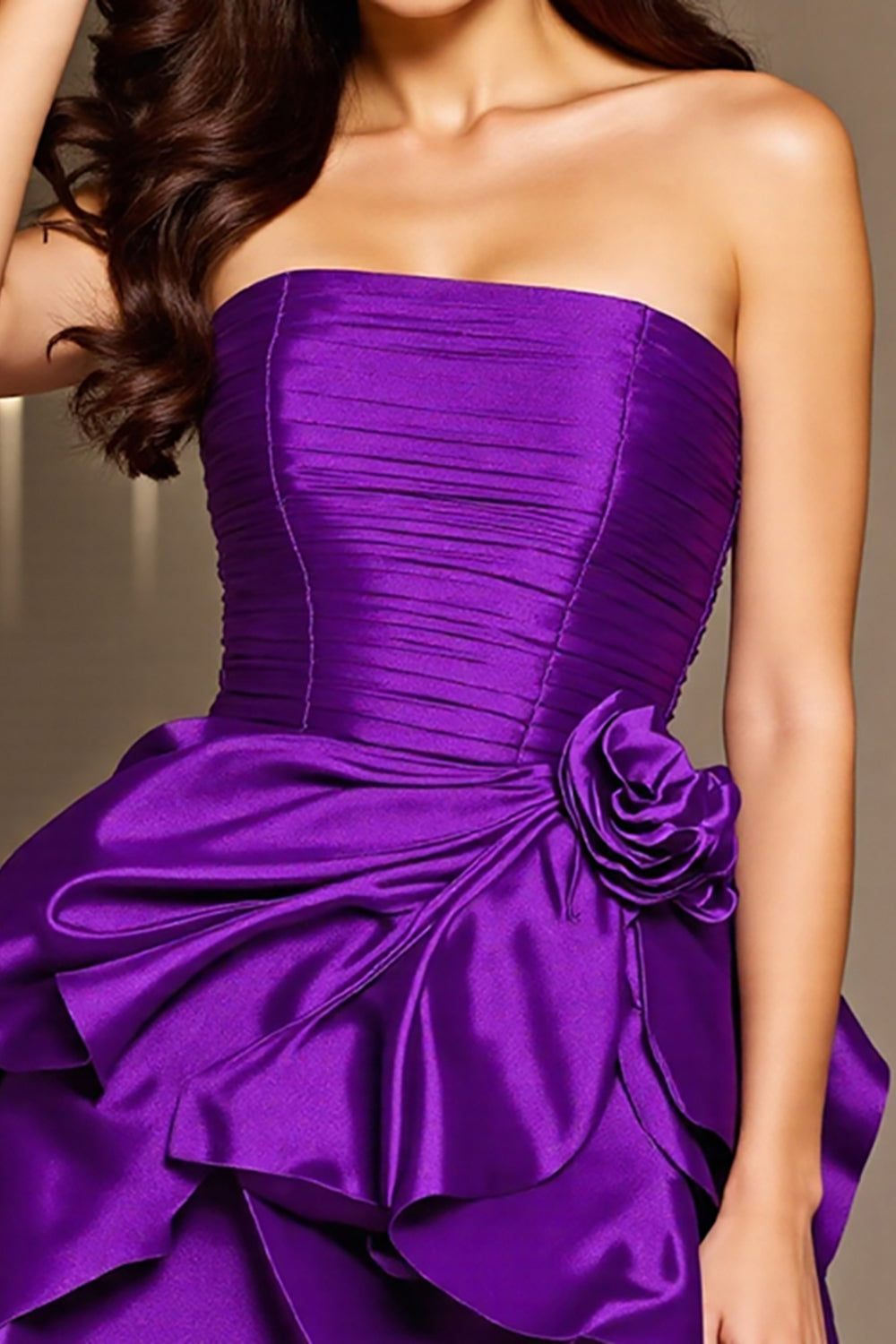Strapless Ruffled Dark Purple Short Prom Dress with 3D Flowers