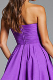 Strapless A Line Purple Short Prom Dress with 3D Flowers