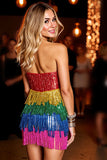 Red Fringed Strapless Short Prom Dress