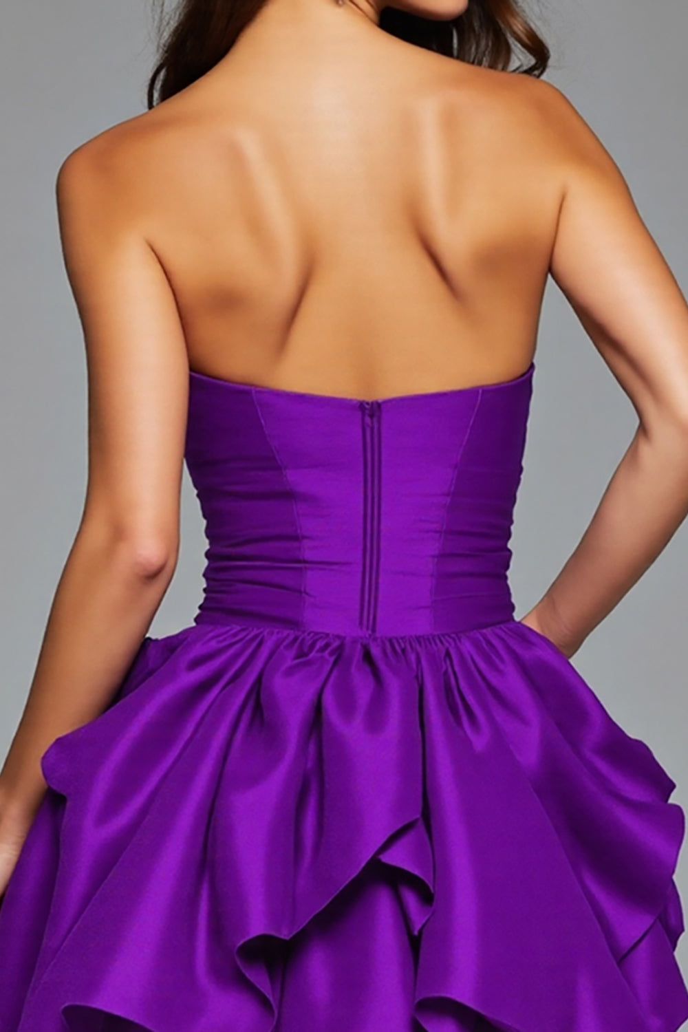 Ruffled Dark Purple Strapless Short Prom Dress with 3D Flowers