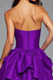 Ruffled Dark Purple Strapless Short Prom Dress with 3D Flowers