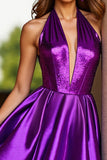 Halter Dark Purple Satin A Line Short Prom Dress