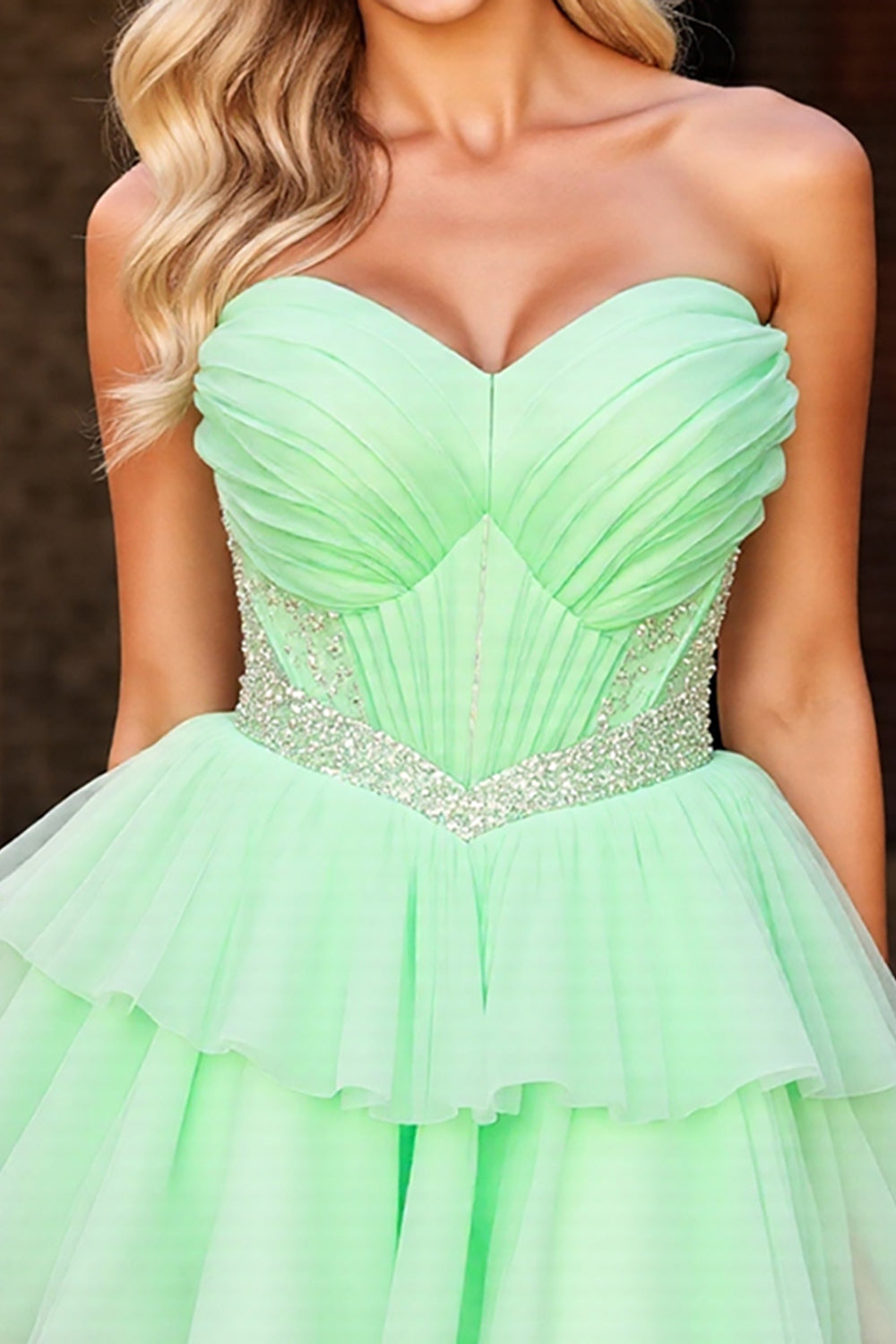 Green Strapless A Line Short Prom Dress with Beading
