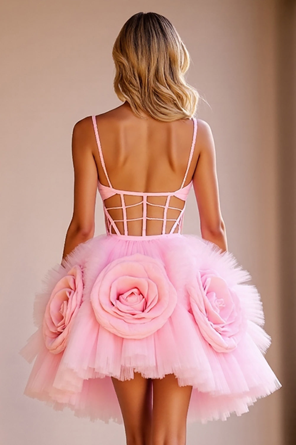 Corset Pink Cut Out Short Prom Dress with 3D Flowers