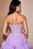 Sparkly Strapless Ruffled Lilac Short Prom Dress with Sequins