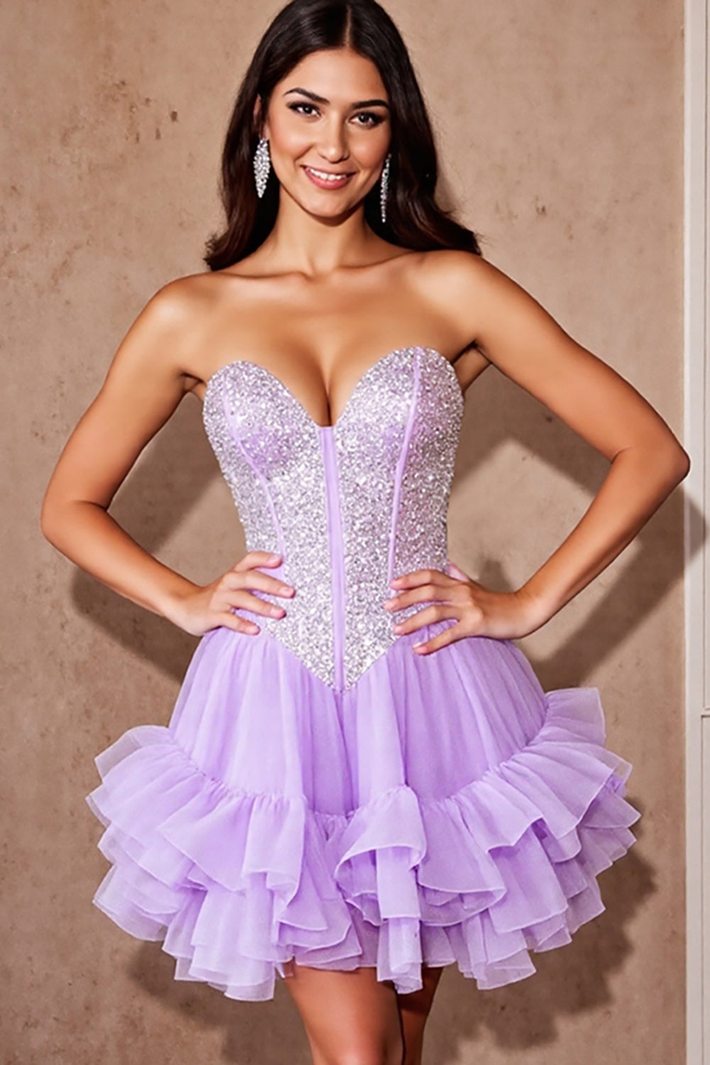 Sparkly Strapless Ruffled Lilac Short Prom Dress with Sequins