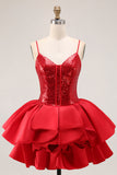 Sparkly Red Tiered Short Prom Dress with Ruffles