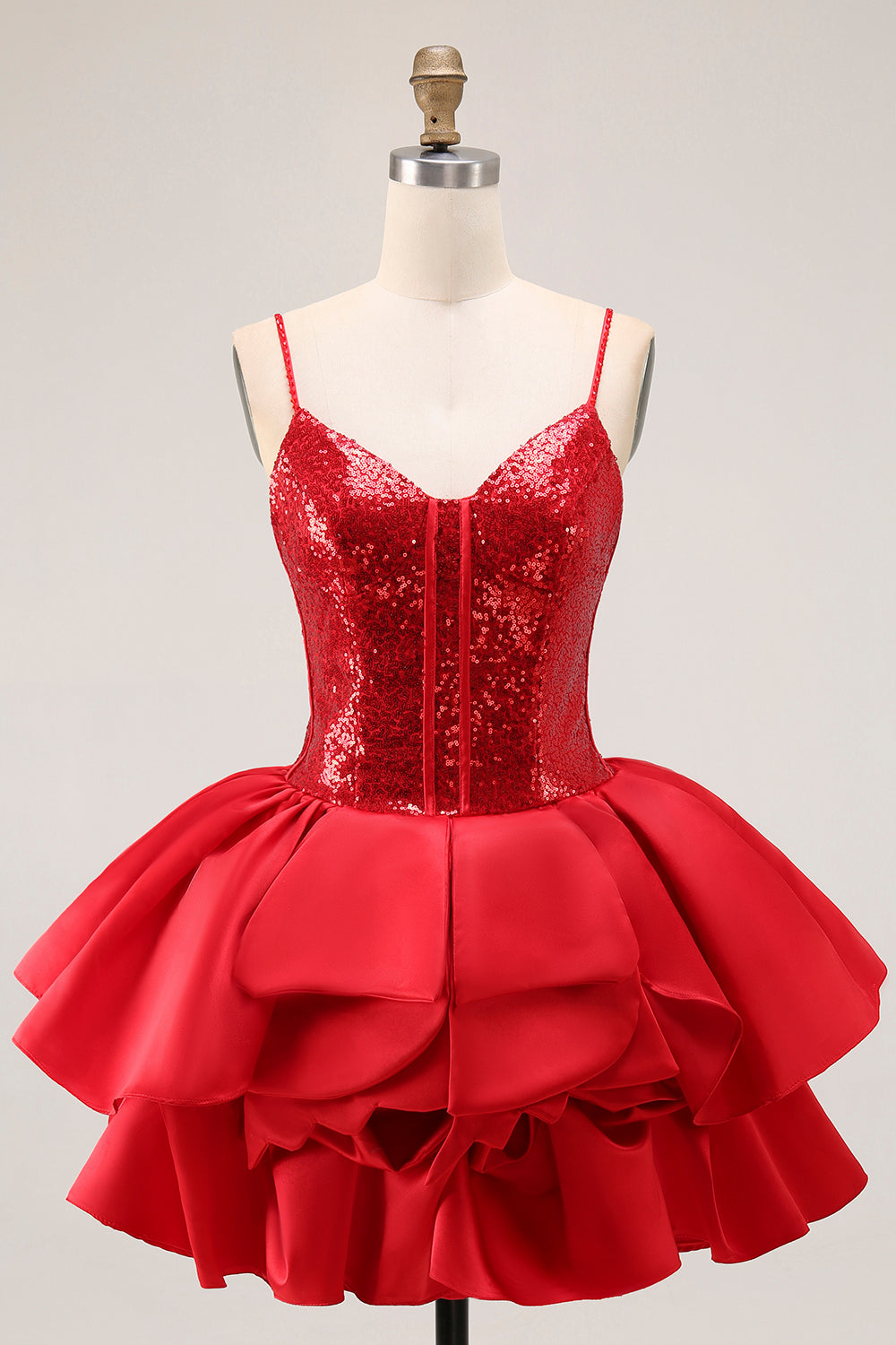 Sparkly Red A-Line Tiered Ruffled Cocktail Dress