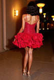 Sparkly Red Tiered Short Prom Dress with Ruffles