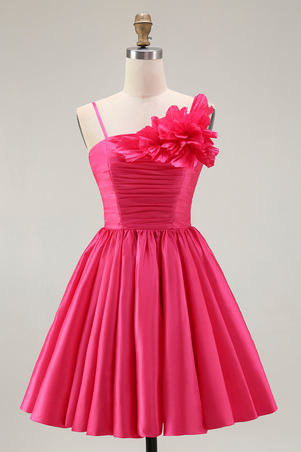 Fuchsia Ruched Satin Short Prom Dress with 3D Flowers