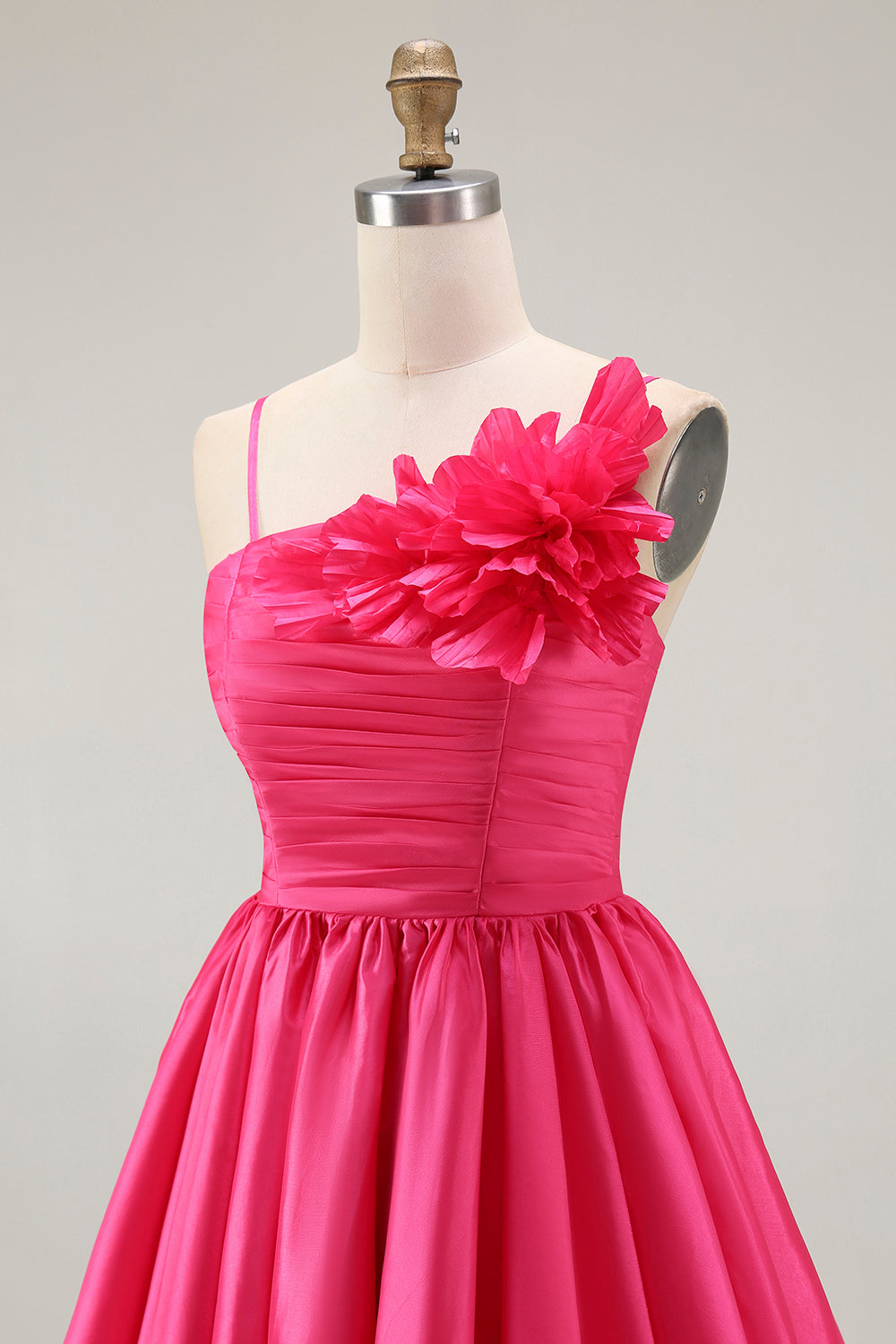 Fuchsia Ruched Satin Short Prom Dress with 3D Flowers