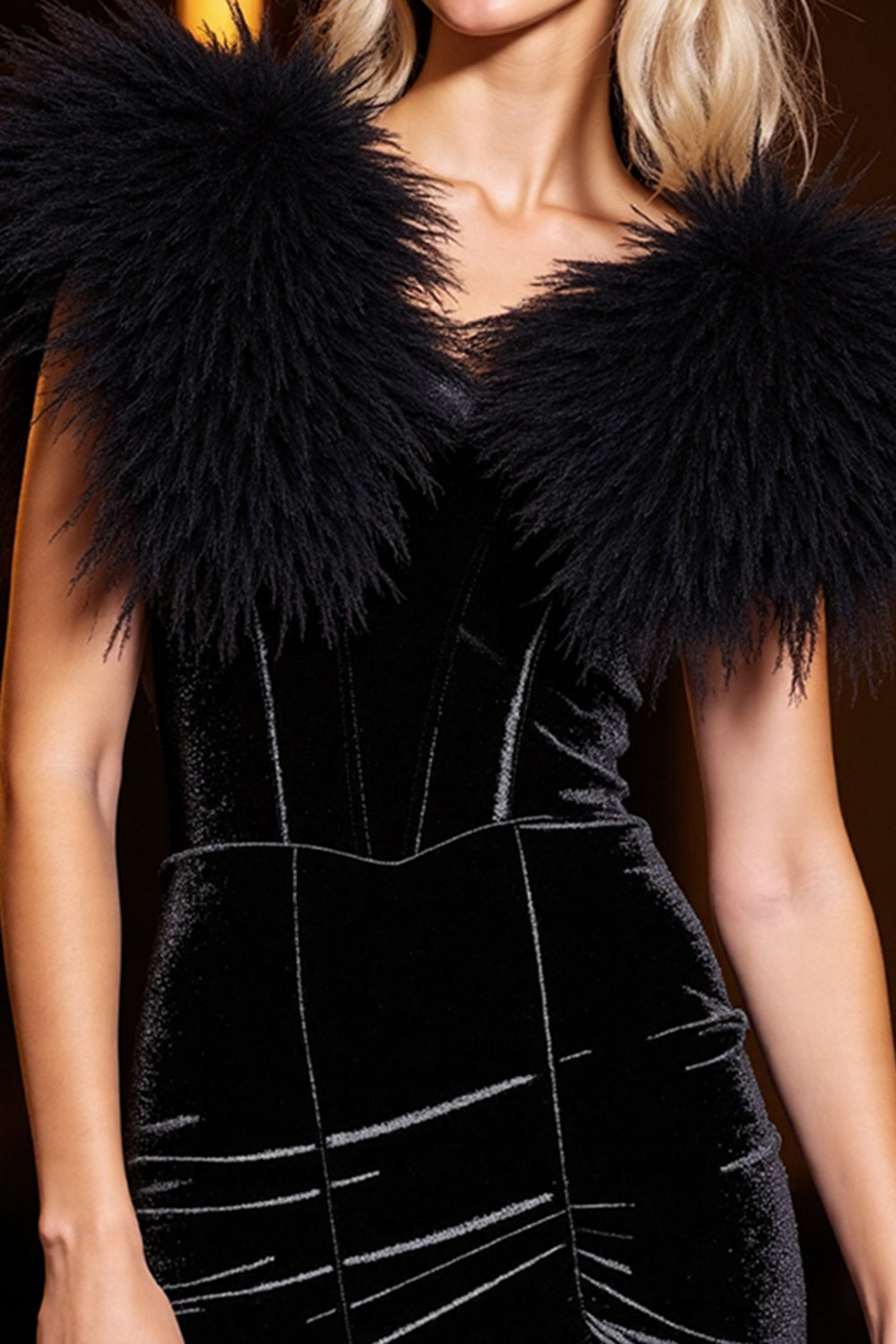 Velvet Black Short Prom Dress with Feather