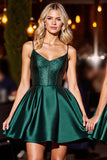 Dark Green Satin A Line Short Prom Dress