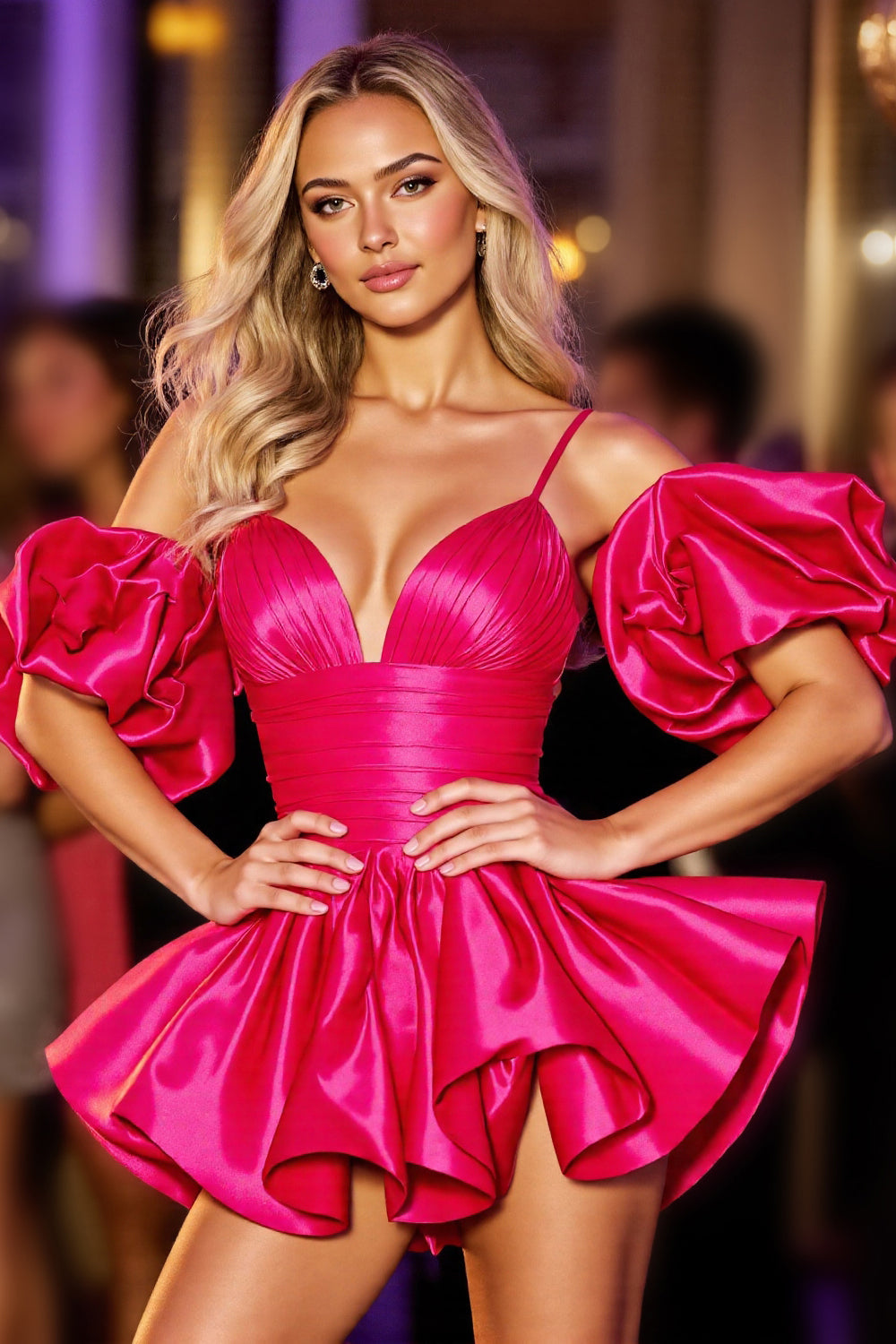 Fuchsia Ruched Short Prom Dress with Ruffles