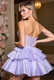 Lavender A Line Corset Satin Short Prom Dress with Appliques