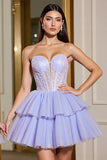 A Line Tulle Lavender Strapless Corset Short Prom Dress