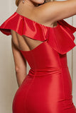 Red Satin Bodycon One Shoulder Short Prom Dress