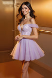 Sparkly Beaded Lilac Off the Shoulder Short Prom Dress