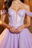 Sparkly Beaded Lilac Off the Shoulder Short Prom Dress