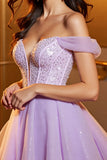 Sparkly Beaded Lilac Off the Shoulder Short Prom Dress